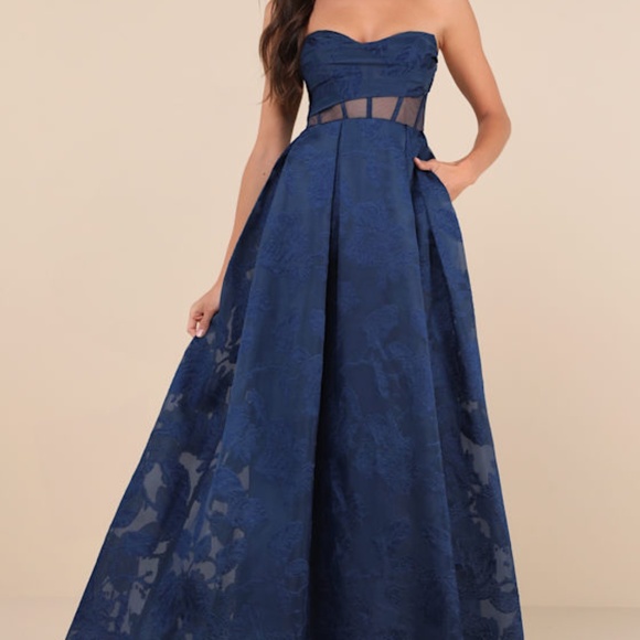 Lulus Enhanced Elegance Navy Jacquard Strapless Dress With Pockets Blue - Picture 1 of 1